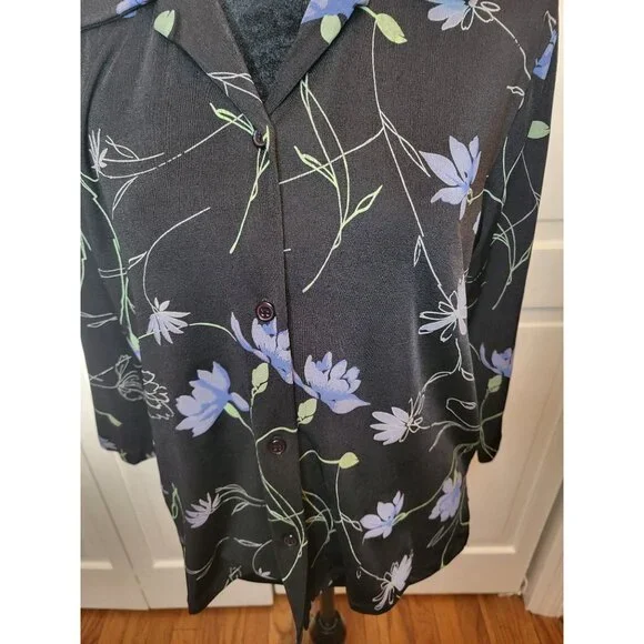 Studio Works Petite Vintage 90's Black Stretchy Floral Button Up PM Whimsygoth - Picture 7 of 9